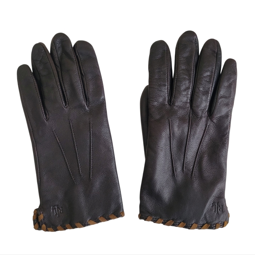 Lauren Ralph Lauren 100% Leather Gloves Black With Brown Trim Womens